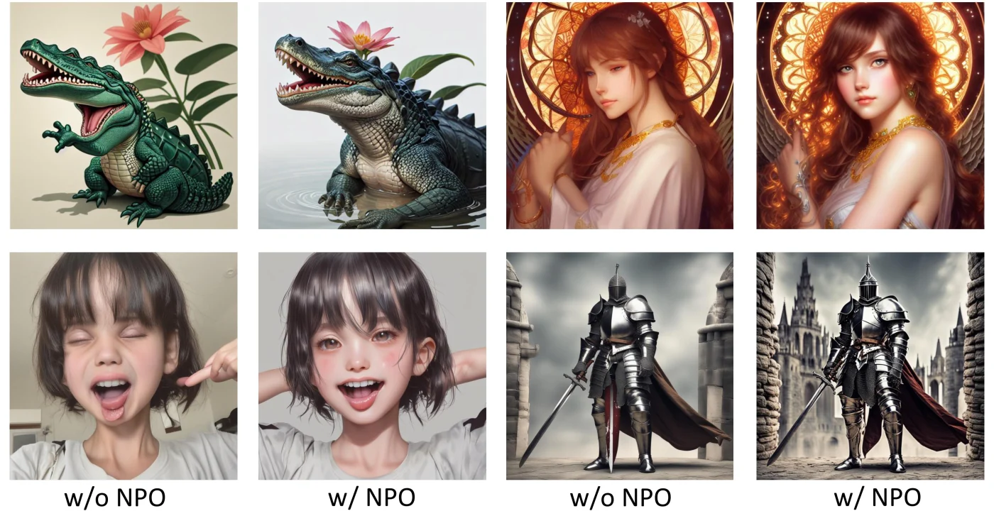 Image generations compared without and with Negative Preference Optimization